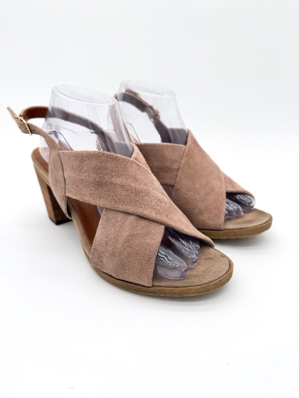 Mariella Italy Womens 10 Beige Suede Block Heel Criss Cross Slingback Sandals
